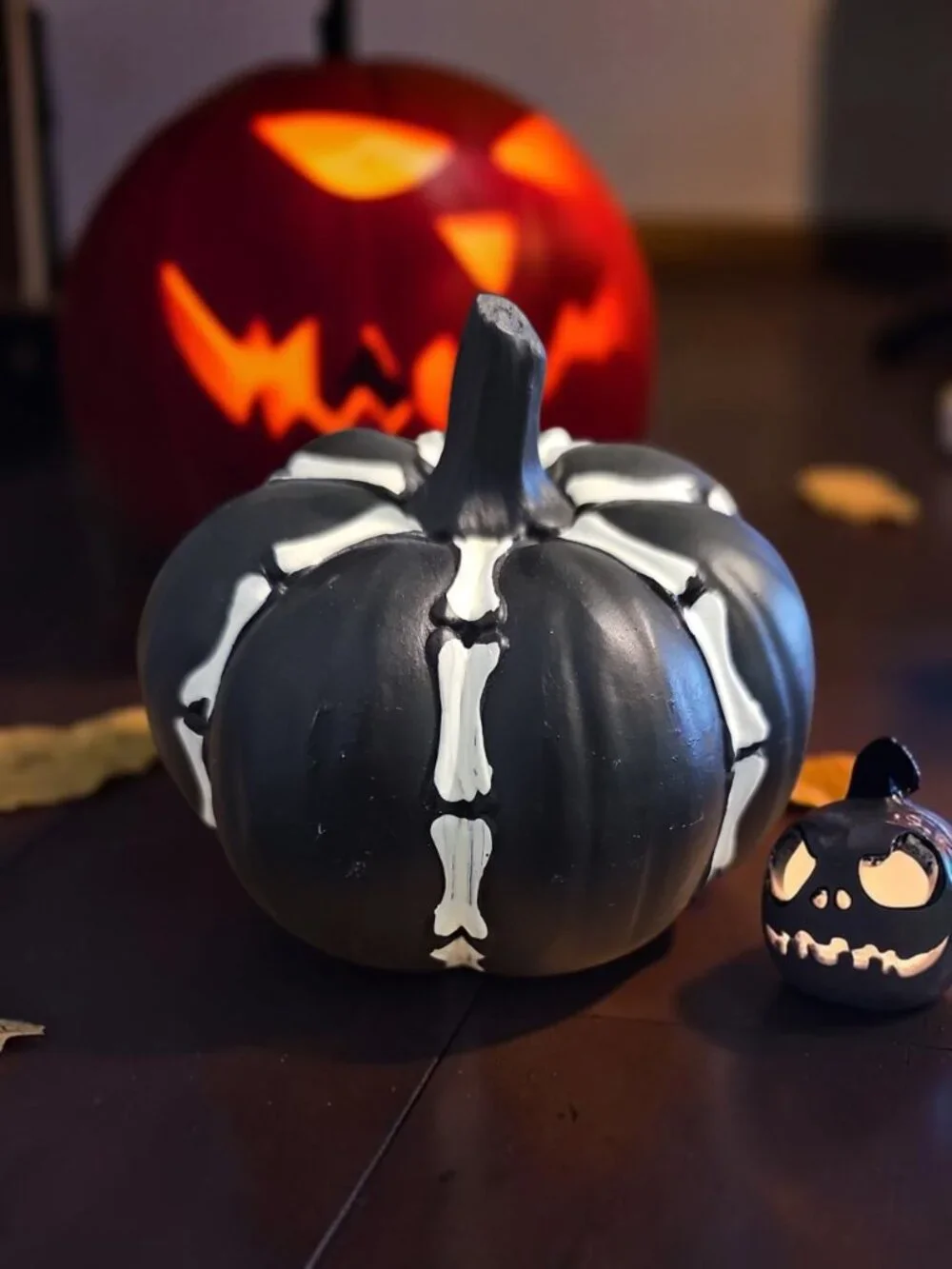 Spooky Pumpkin Décor – Black Skeleton‑Style Pumpkin – Halloween Tabletop